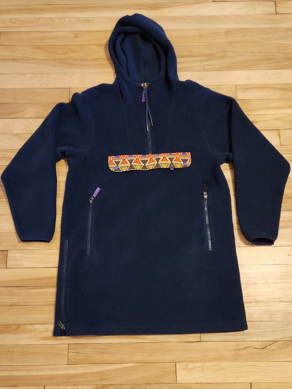 Patagonia Navy Hooded Fleece Pullover with Multicolor Geometric Pocket